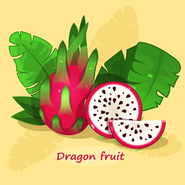 Illustration Des Fruits Dragon Avec Des Feuilles Vertes Sur Fond — Image vectorielle