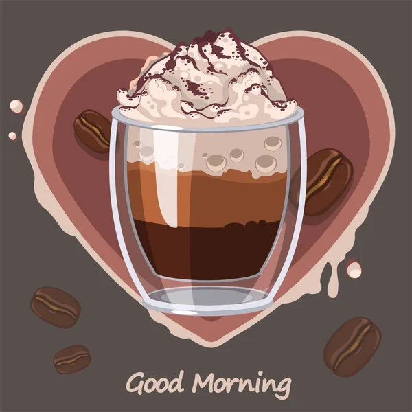 Gelas Gelas Tunggal Cappuccino Dengan Hati Merah - Stok Vektor