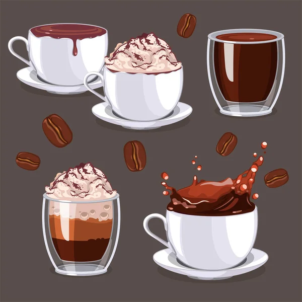 Tasses Blanches Serties Grains Café — Image vectorielle