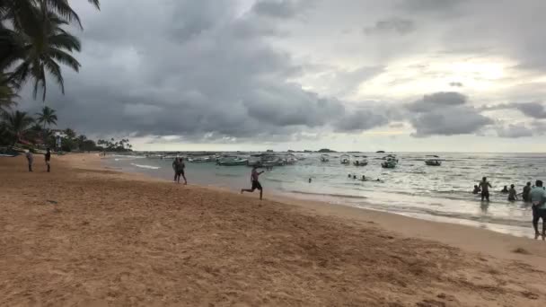 Hikkaduwa, Srí Lanka, pálmafák és strand rossz időben — Stock videók