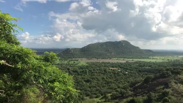 Mihintale, Sri Lanka, campo verde sobre el telón de fondo de la montaña — Vídeos de Stock