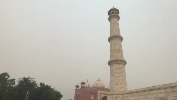 Agra, Hindistan, 10 Kasım 2019, Taj Mahal, aşağıdan kule manzaralı. — Stok video