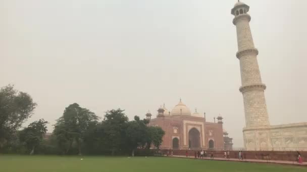 Агра, Индия, 10 ноября 2019 года, Тадж-Махал, часть здания с башней — стоковое видео