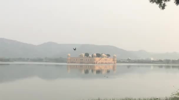 Jaipur, Indie - ostrov s hradem uprostřed jezera — Stock video