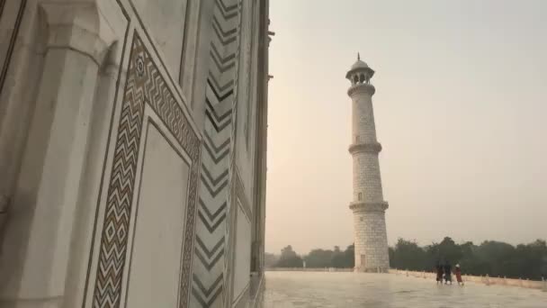 Agra, Ινδία, 10 Νοεμβρίου 2019, Taj Mahal, οι τουρίστες στο παρασκήνιο του πύργου παίρνουν μια selfie — Αρχείο Βίντεο