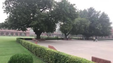 Agra, Hindistan, 10 Kasım 2019, Taj Mahal, turistler tapınaktaki ağaçların yanında yürüyorlar.