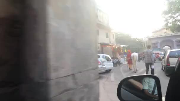 Jaipur, India - November 03, 2019: motorbike traffic along the road with tourists part 3 — Stockvideo