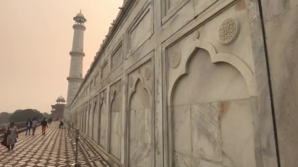 Агра, Индия, 10 ноября 2019 года, Тадж-Махал, туристы идут против обратной стороны башни — стоковое видео