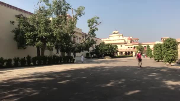 Jaipur, indien - 04. November 2019: Stadtpalast und ein Tourist, der an Bäumen vorbeigeht — Stockvideo