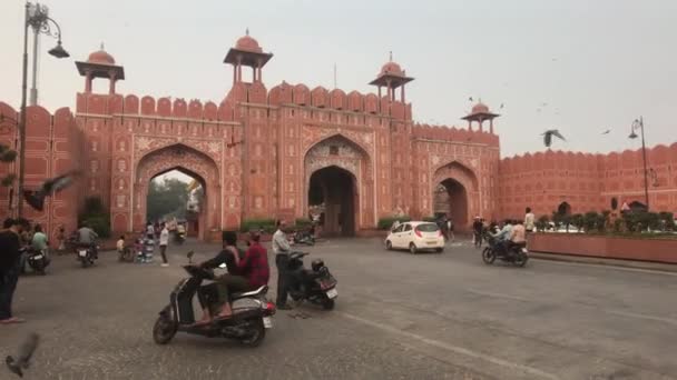 Jaipur, India - 03 novembre 2019: turisti in moto e piccioni sulla strada — Video Stock