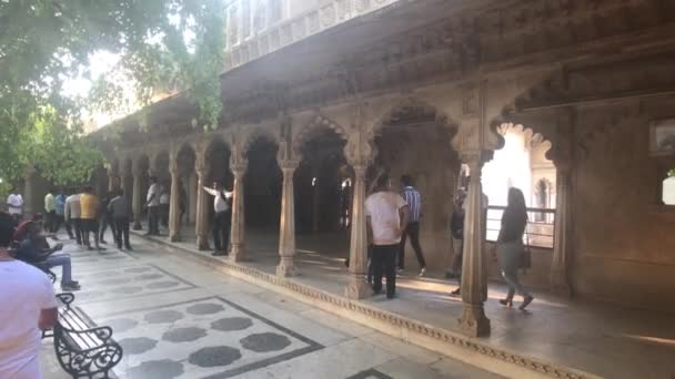 Удайпур, Індія - 13 листопада 2019 року: туристи міського палацу стоять у тіні дерева. — стокове відео