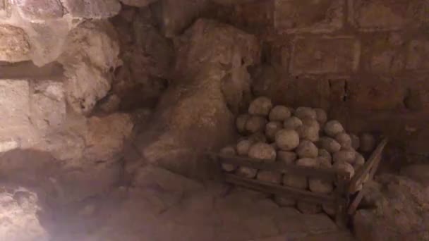 Ajloun, Jordan - stone rooms with illumination in the old castle part 9 — Stock Video