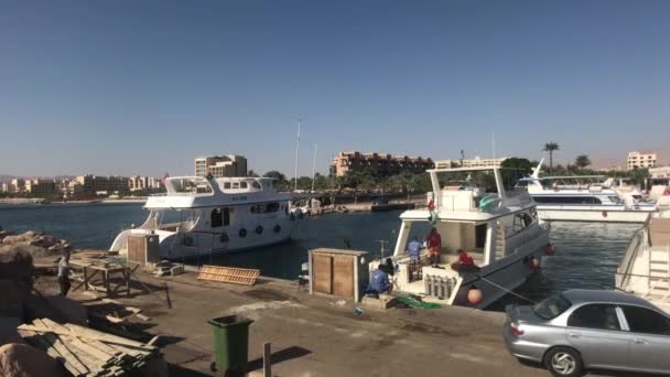 Aqaba, Yordania - pelabuhan kota dengan perahu lokal dan kapal pesiar bagian 6 — Stok Video