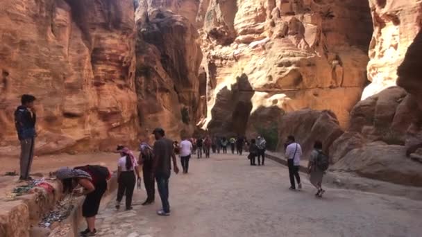 Petra, Jordánsko - 17. října 2019: turisté jsou fotografováni na pozadí krásné rokle část 1 — Stock video