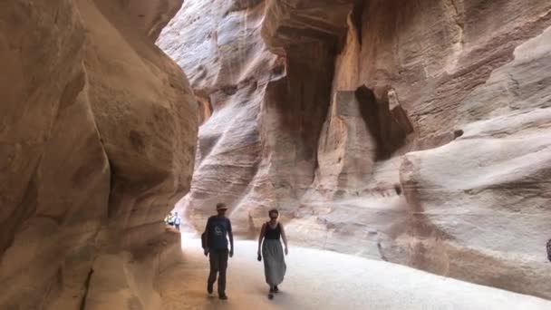 约旦佩特拉（英语：Petra, Jordan）- 2019年10月17日：游客们匆忙地穿过了山区的狭窄通道 — 图库视频影像