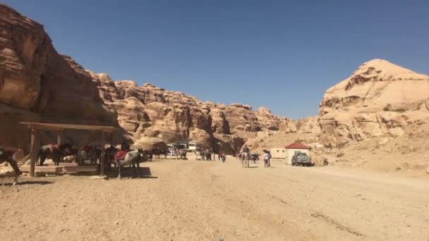 Петра, Иордания - 17 октября 2019 года: туристы в долине красивых гор — стоковое видео
