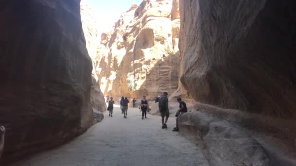 Petra, Jordânia - 17 de outubro de 2019: turistas correm por passagens estreitas entre as montanhas — Vídeo de Stock