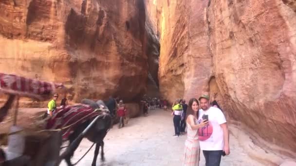 Petra, Ιορδανία - 17 Οκτωβρίου 2019: οι τουρίστες φωτογραφίζονται με φόντο ένα πανέμορφο φαράγγι — Αρχείο Βίντεο