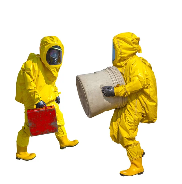 Isolated man in yellow protective hazmat suit — Stock Photo, Image