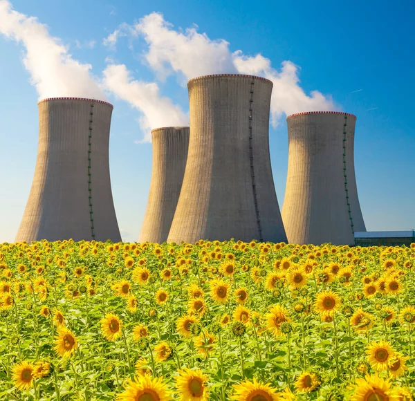 Central nuclear Dukovany con campo de girasol, República Checa — Foto de Stock