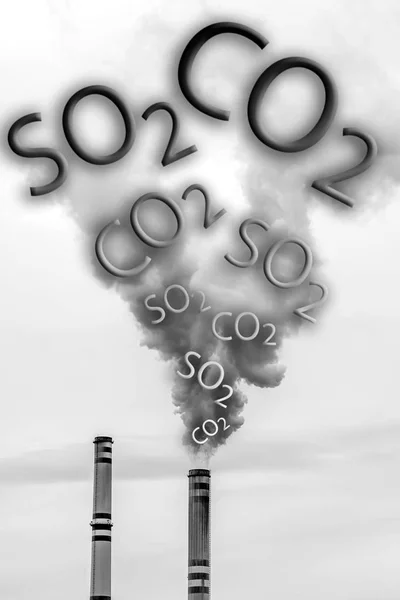 Smoke of chimneys writing CO2 and SO2 in the sky — Stock Photo, Image