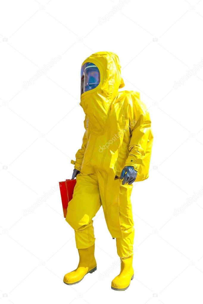 Man in yellow protective hazmat suit isolated on white