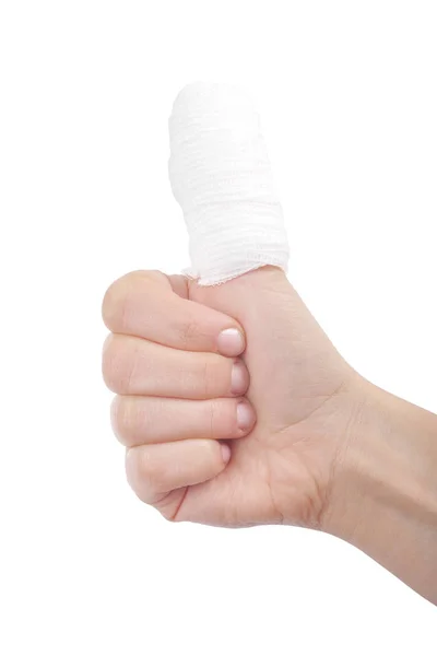 Injured finger with bandage on white background — Stock Photo, Image