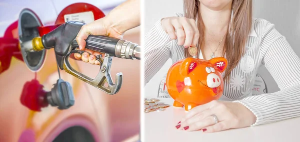 Concept Saving Money Hand Holding Fuel Nozzle Pouring — Stock Photo, Image