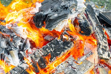 Yanan odun, kor ve odunlar yanıyor. Kamp ateşi.