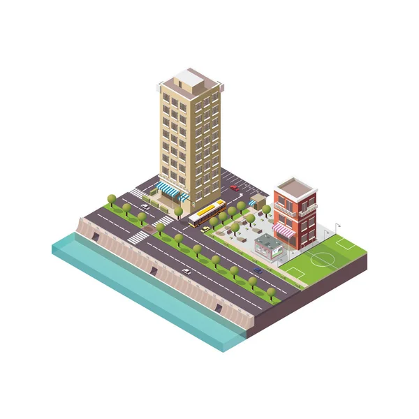 Izometrikus város, megapolis koncepció irodaházak, parkok, kávézó, jellegzetes tájékozódási pontok, felhőkarcoló, street, híd és folyó. — Stock Vector