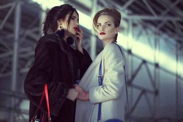 Dos modelos en el aeropuerto están esperando avión privado. look de moda, maquillaje elegante, peinado perfecto y bolsas individuales interesantes —  Fotos de Stock