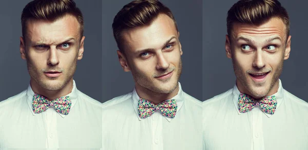 Emotive collage of a portrait smiling/serious/shocked handsome young man in white shirt and color bow-tie posing over gray background. White shiny smile and healthy skin. Urban style. Studio shot — Stock Photo, Image