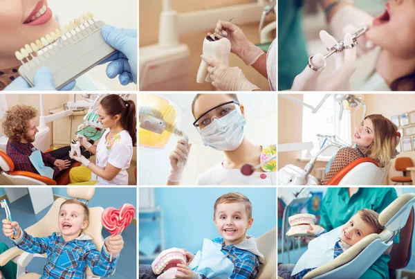 Portret en collage foto van een chirurg op het werk. Orthodontische behandeling. Tandheelkundige zorg Concept. Tandheelkundige inspectie wordt besteed aan de mooie vrouw, omringd door de tandarts en zijn assistent. — Stockfoto