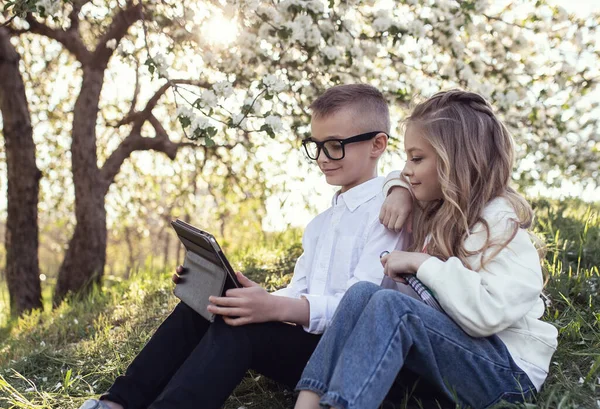 Due Bambini Caucasici Rilassano Nel Parco Insieme Fratello Sorella Passano — Foto Stock