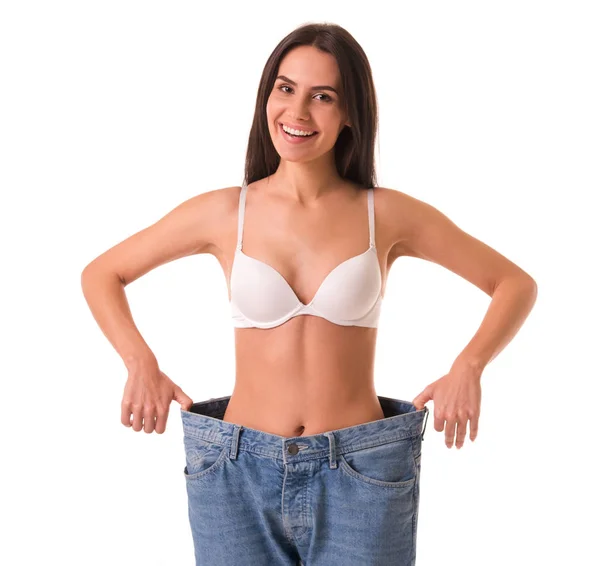 Girl showing weight loss — Stock Photo, Image