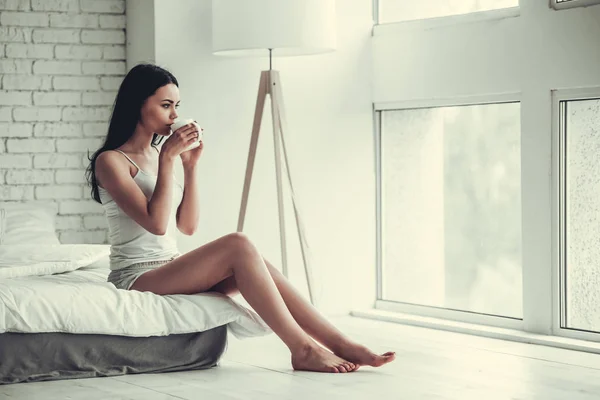 Beautiful Girl Drinking Tea Looking Out Window While Resting Home — Stock Photo, Image
