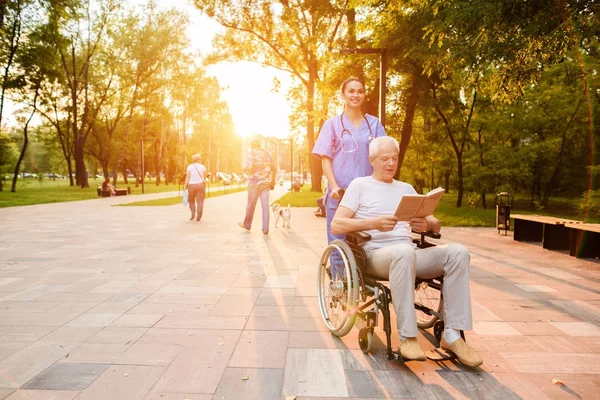 Una enfermera está detrás de un anciano, que está sentado en una silla de ruedas y leyendo un libro al atardecer. —  Fotos de Stock