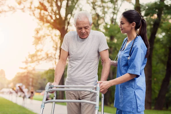 El anciano camina por el parque con la ayuda de caminantes adultos. La enfermera lo apoya. — Foto de Stock