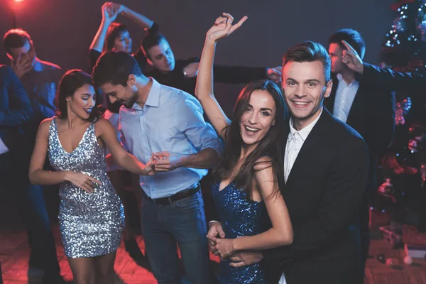 People Have Fun New Year Party Foreground Guy Girl Dancing — Stock Photo, Image