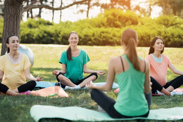 Yoga del embarazo. Una entrenadora se sienta frente a tres mujeres embarazadas que vinieron al yoga — Foto de Stock