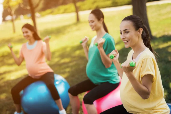 Γιόγκα εγκυμοσύνης. Τρεις έγκυες γυναίκες ασχολούνται με γυμναστήριο στο πάρκο. Κάθονται σε μπάλες για τη γιόγκα — Φωτογραφία Αρχείου