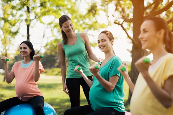 Graviditet yoga. Tre gravida kvinnor är engagerade i fitness i parken. De sitter på bollar för yoga — Stockfoto