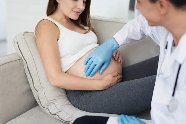 Uma mulher grávida está deitada em um sofá leve em casa. Um médico veio ter com ela, ele sonda-lhe a barriga — Fotografia de Stock