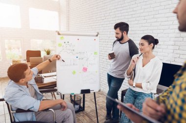 Tekerlekli sandalyede bir adam iş grafikleri gösterir.