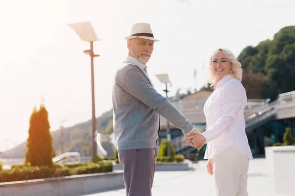手を繋いでを歩く老夫婦。美しい広場を歩きます。 — ストック写真