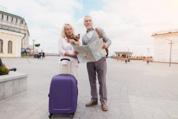 An elderly couple walks along the embankment with their little dog. They go and carry a purple travel bag