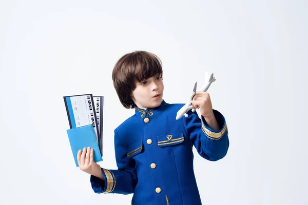 Little Boy Learns Profession Pilot Dark Haired Boy Wants Become — Stock Photo, Image