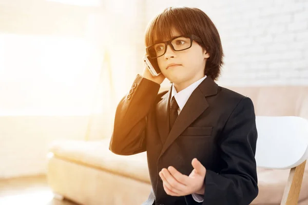 Little Boy Suit Presents Himself Businessman Dark Haired Boy Plays — Stock Photo, Image