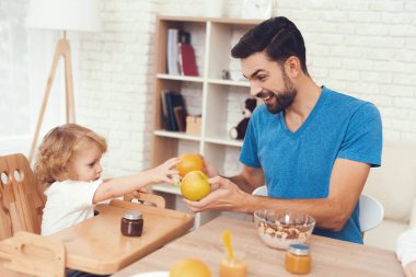 Bir adam oğluyla vakit geçiriyor. Çocuğun babası çocuk yetiştirirken devreye girer. Baba oğlu beslenir. Çocuk babasının yanında having kahvaltı.