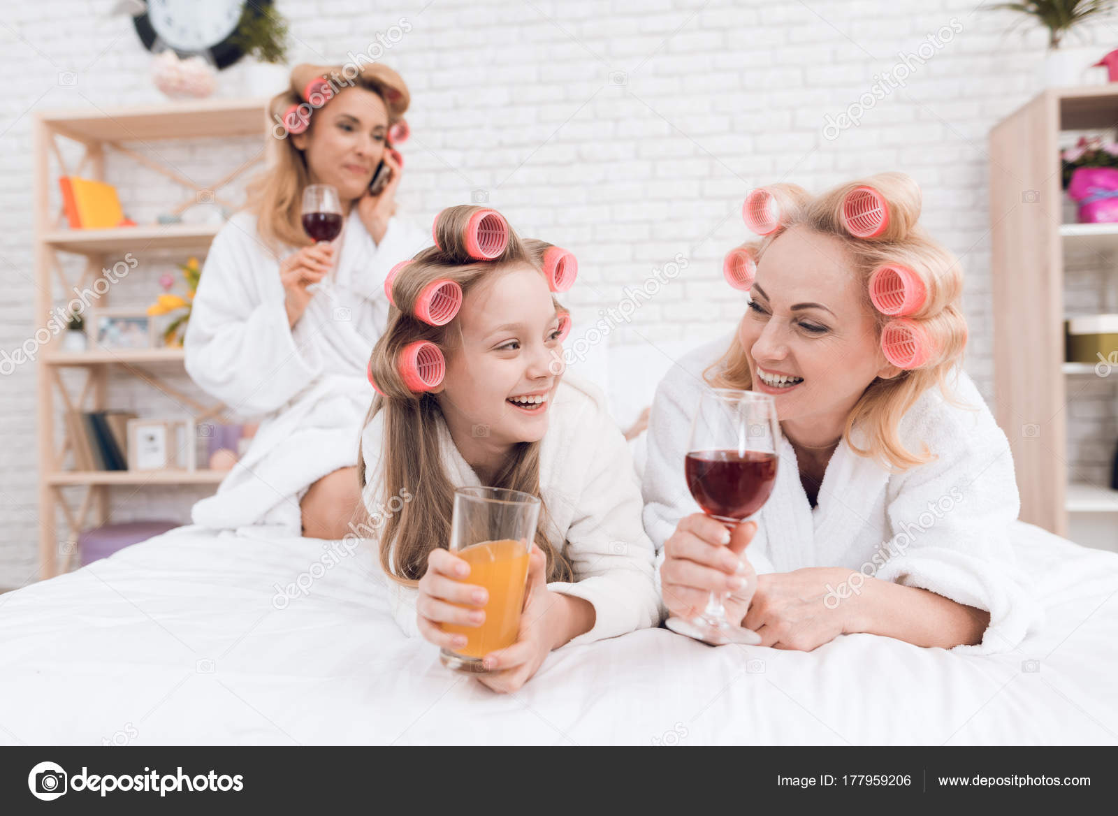 Mom Grandmother Girl Hair Curlers Drink Wine Juice Bed Woman Stock